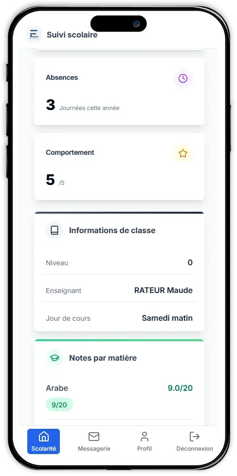 Application mobile Eduroots pour le suivi scolaire par les parents